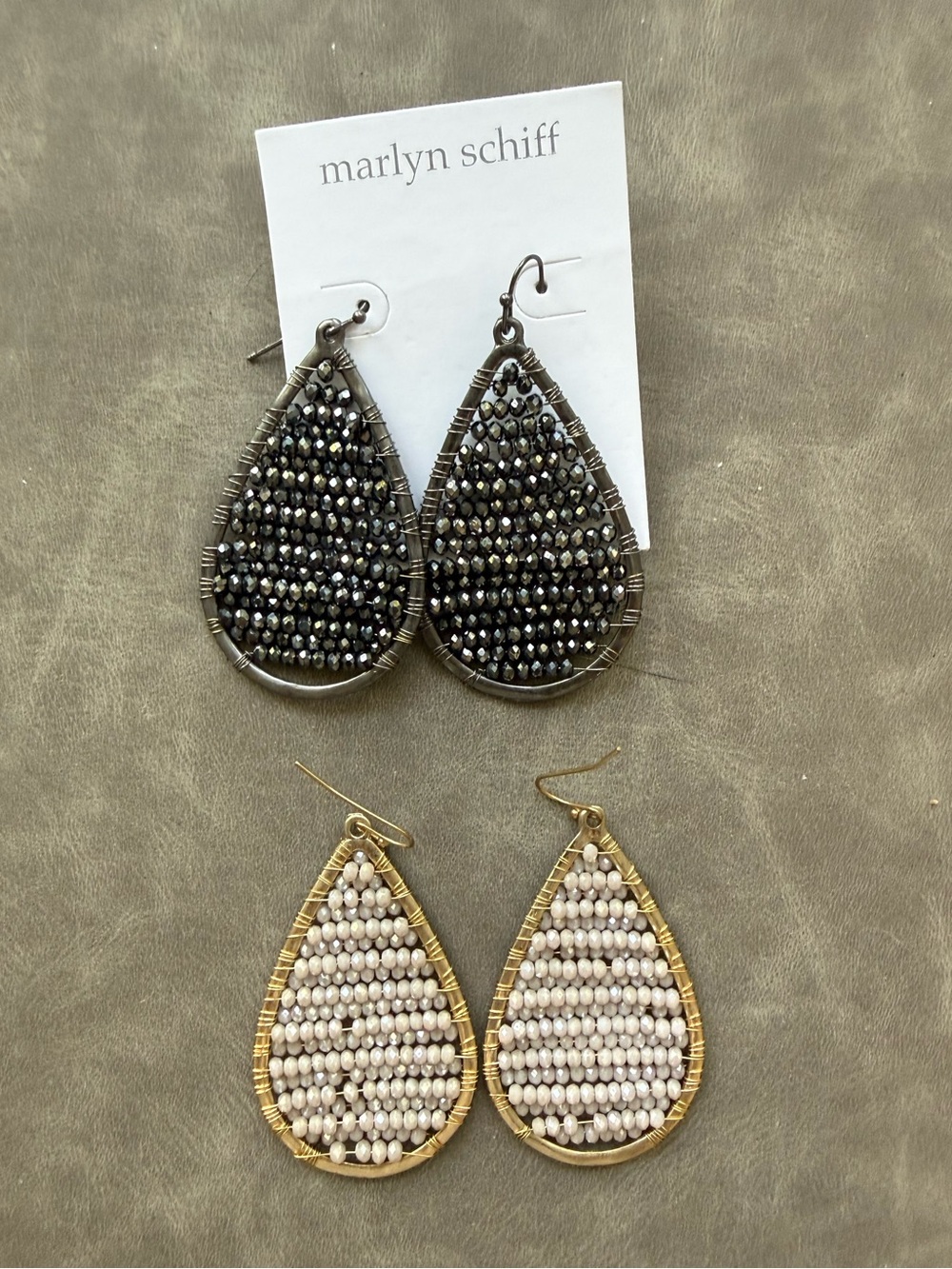 Marlyn Schiff Two-Pair Teardrop Beaded Earrings in Black and Cream